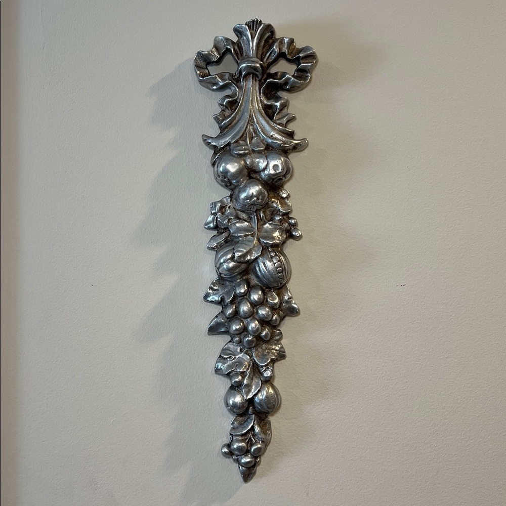 VTG French Country Silver Pewter Fruit Pomegranate Ornate Bow Wall Hanging Decor